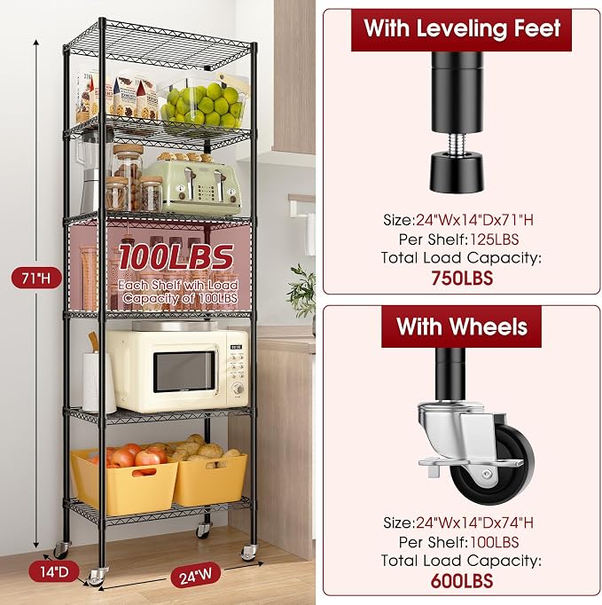 6-Tier Rolling Storage Shelves, 750 lbs Capacity Heavy Duty Metal Shelving - Image 3