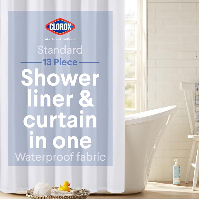 Clorox 2-in-1 Bathroom Shower Curtain Liner w Metal Hooks, Durable Fabric by MainstreamInternational