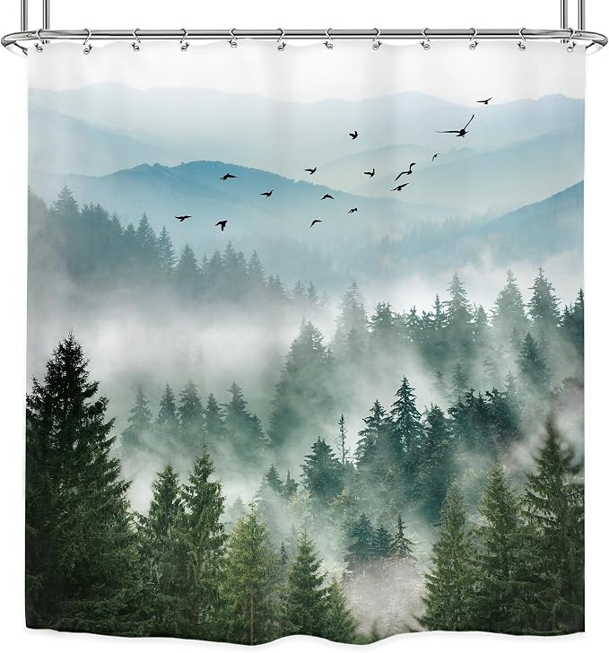 Riyidecor Green Mountain Shower Curtain 72Wx72H Inch Nature Scenery Foggy Pine - Image 6