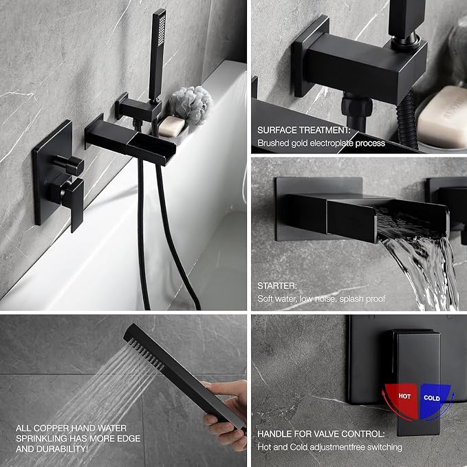 TapLong Matte Black Wall Mount Tub Filler Faucet Set - Image 2