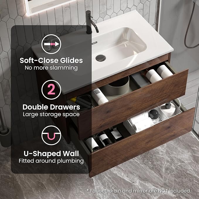 30" Bathroom Vanity with Sink, Modern Floating Vanity with Double Soft Closing - Image 7