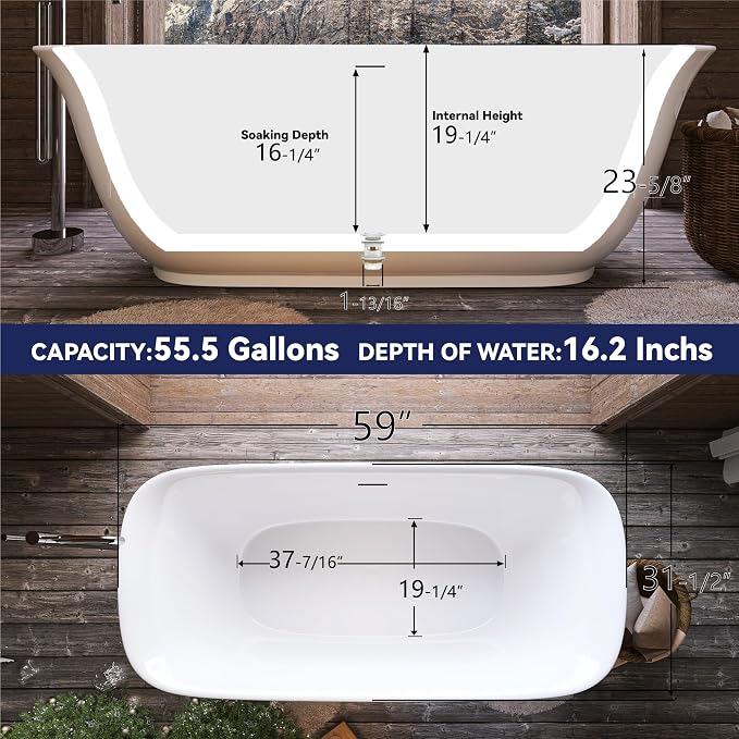 59" Acrylic Free Standing Tub, Stand Alone Tub, Freestanding Bathtub, Soaking - Image 6