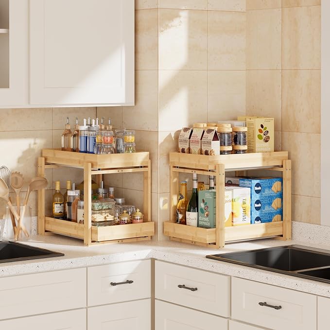 2 Pack Under Sink Organizer, Bamboo Wooden 2-Tier Pull-Out Storage - Image 9