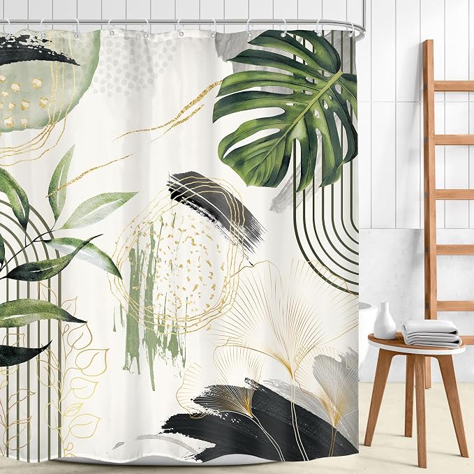 Grey Green Boho Shower Curtain 72Wx78H Long Tropical Palm Leaves Abstract - Image 2