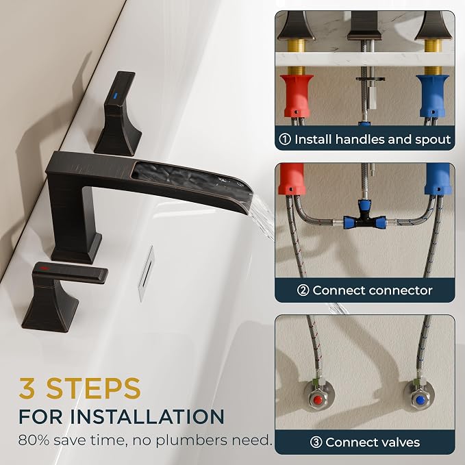 FORIOUS Waterfall Bathtub Faucet Set 3 Hole Oil Rubbed Bronze, 2 Handle Deck - Image 3