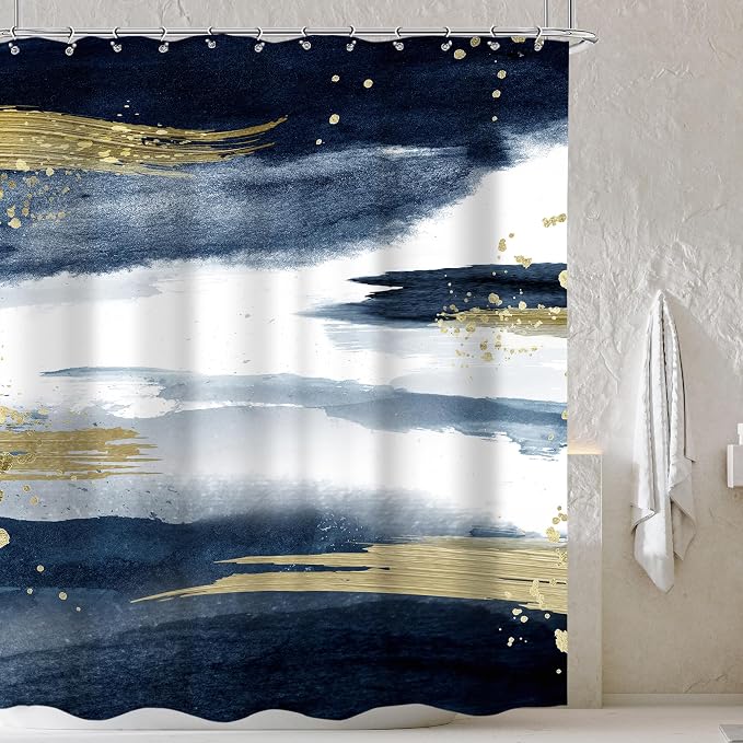 Cinbloo Navy Blue Marble Shower Curtain 60Wx72H Abstract Modern Ombre Gold - Image 2