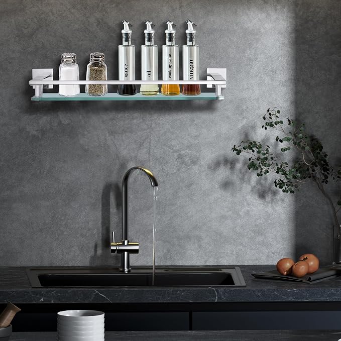 LANC Chrome Bathroom Shelf Glass Shelves 20-Inch Floating Tempered Glass Shelf - Image 6