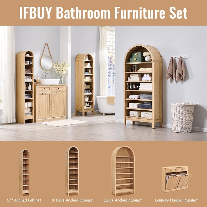 67" Tall Arched Bathroom Storage Cabinet, 8-Tier Modern Farmhouse Storage - Image 6