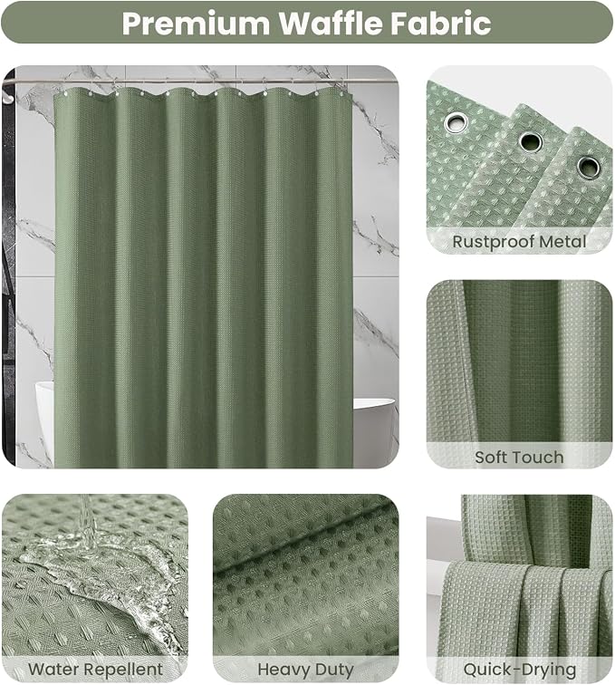 Inhousolu Fabric Shower Curtain Waffle Weave, Sage Green 230 GSM Heavy Duty - Image 3