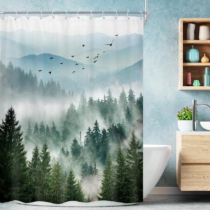 Riyidecor Green Mountain Shower Curtain，Stall Narrow Rv Small Nature by Riyidecor