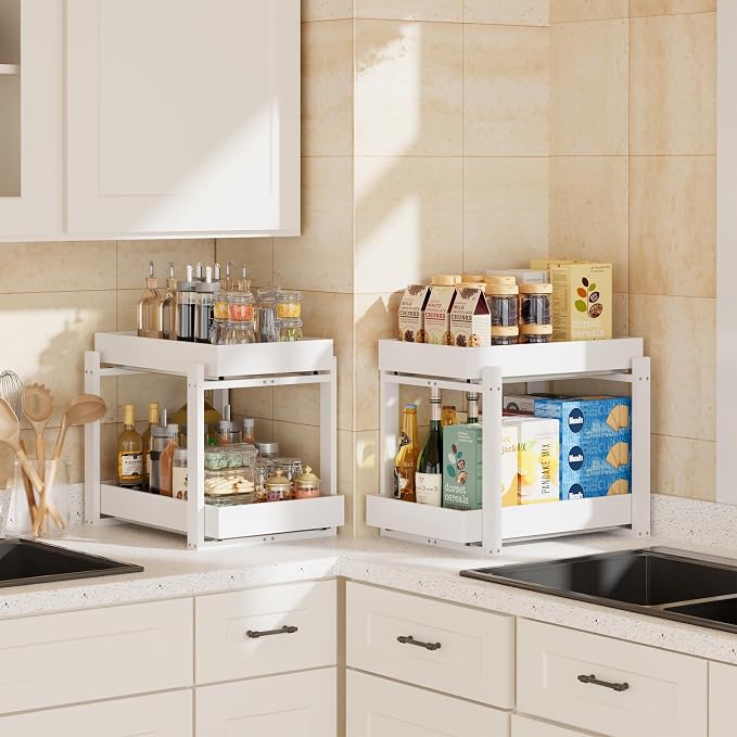 2 Pack Under Sink Organizer, Bamboo Wooden 2-Tier Pull-Out Storage - Image 4