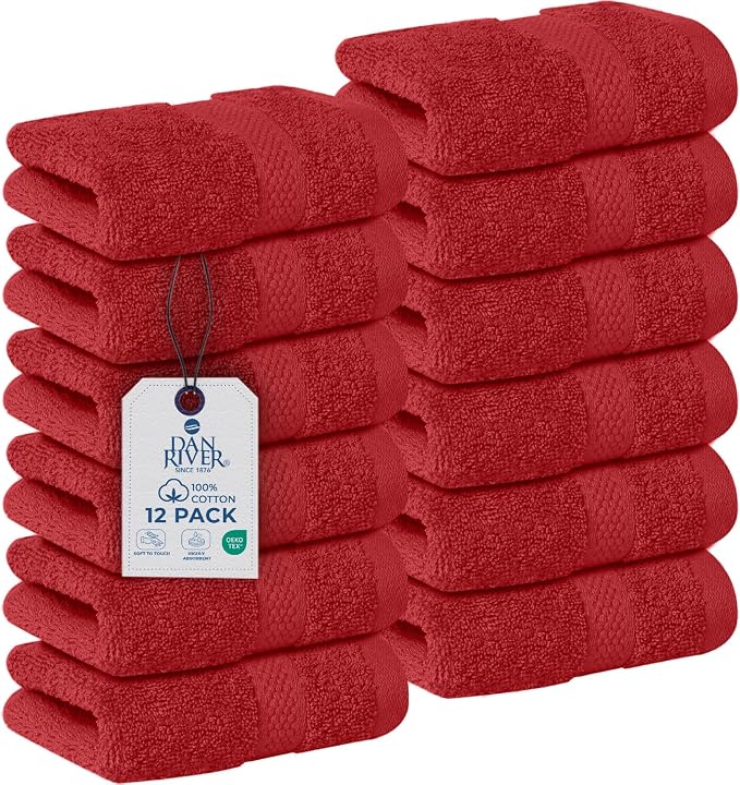 DAN RIVER 12-Pack Premium 100% Cotton RED Face Towels – Reusable Face Towel Set by DanRiver