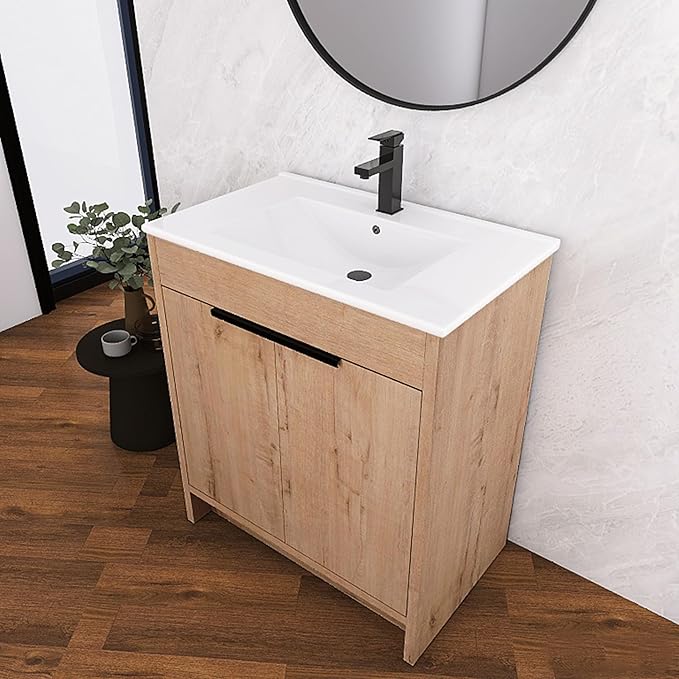 30 Inch Bathroom Vanity with Ceramic Sink, Freestanding Brown Bathroom Vanity by Unknown