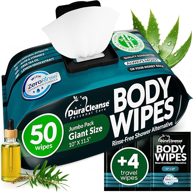 XL Body Wipes for Men – 50 No Rinse Shower Sheets + 4 Travel Bath Sachets by DuraCleanse