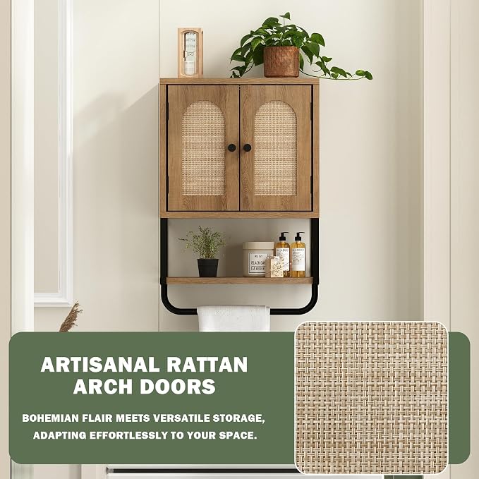 RUSTOWN Rattan Bathroom Wall Cabinet, Boho Over The Toilet Storage Cabinet - Image 6
