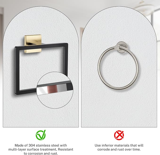 Black and Gold Towel Ring Square Hand Towel Holder Towel Hanger Bathroom - Image 5