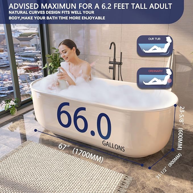 67" Acrylic Free Standing Tub, Stand Alone Tub, Freestanding Bathtub, Soaking - Image 4