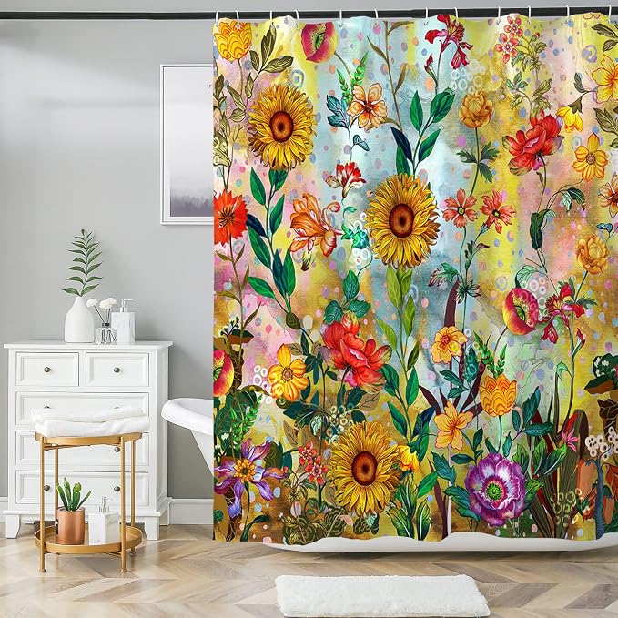 Bohemian Shower Curtain, Boho Floral Print Water Repellent Polyester Fabric - Image 8