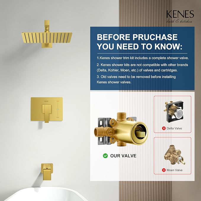 KENES Brushed Gold Tub and Shower Trim Kit, Square Tub Shower Faucet Set - Image 3