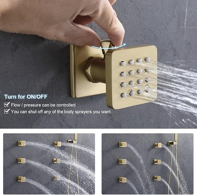 Enga Brushed Gold Shower Jets System, 16 Inch LED Rainfall Shower Faucet Set - Image 4
