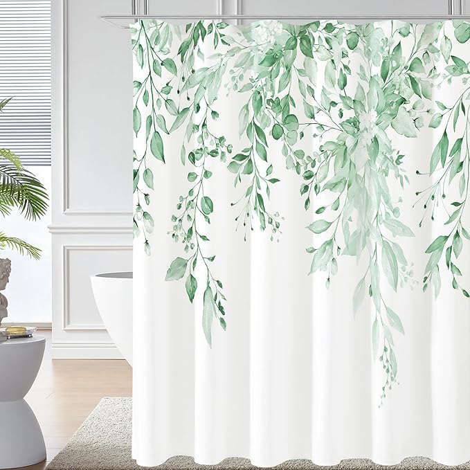 Gibelle Mint Green Eucalyptus Shower Curtain, Watercolor Plant Leaves by Gibelle