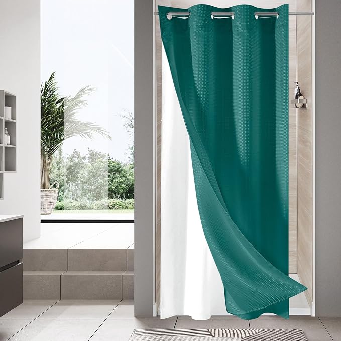 MitoVilla Dark Green Waffle Small Stall Shower Curtain Liner Set 36 x 74 by MitoVilla