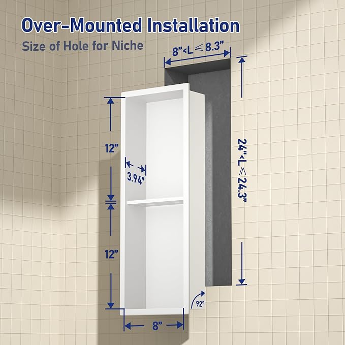Stainless Steel Shower Niche 8"×24" White Double Shelves No Tiled Needed Niche - Image 3
