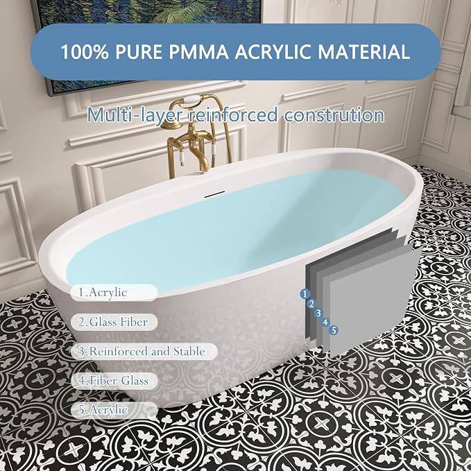 59" Free Standing Tub, Pure Acrylic Freestanding Bathtub, Stylish Stand Alone - Image 6