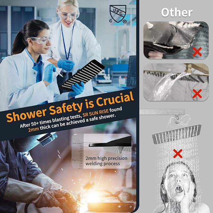 SR SUN RISE Black Square Rainfall Shower Head and Handle Set, Wall Mounted - Image 4