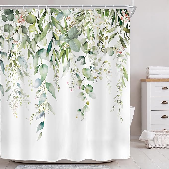 Riyidecor Sage Green Eucalyptus Shower Curtain, Fabric Cloth Bathroom Curtains - Image 2