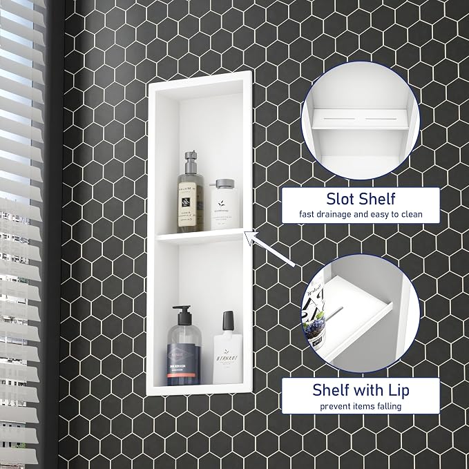 Stainless Steel Shower Niche 8"×24" White Double Shelves No Tiled Needed Niche - Image 4