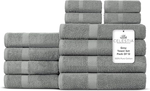 100% Cotton Bath Towel Set of 12-4 Bath Towels, 4 Hand Towels, 4 Wash Cloths by VillaCelestia