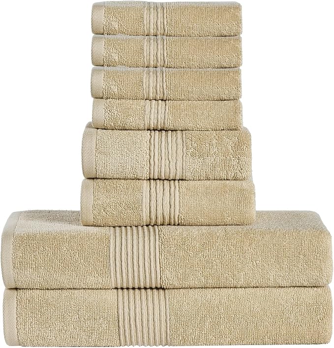 Bath Towels 8 Piece Towel Set – 100% Combed Cotton – Bath + Hand + Washcloths – by SweetHomeCollection
