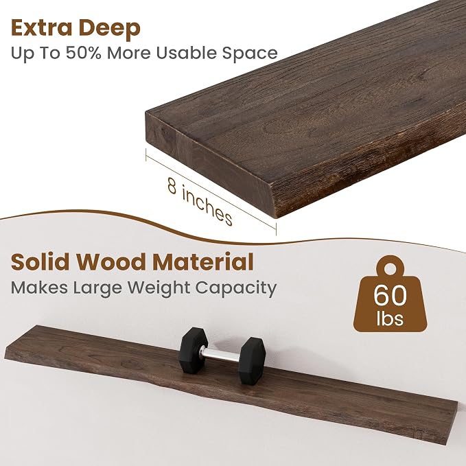 Floating Shelves for Wall Decor, Rustic Solid Elm Wood Live Edge Floating - Image 5