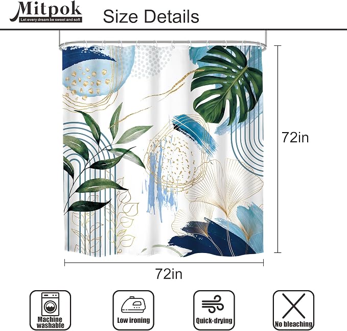 4 PCS Blue Boho Shower Curtain Set 72Wx72H Non-Slip Bath Rug Toilet Lid Cover - Image 4
