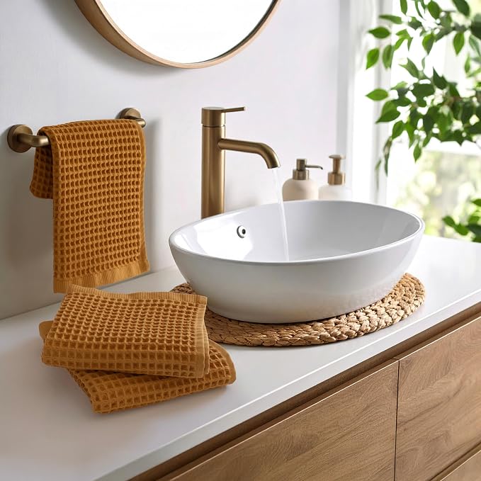 PÜSKÜL Organic Waffle Kitchen Towel 100% Turkish Cotton Set of 3 Mustard Yellow - Image 5