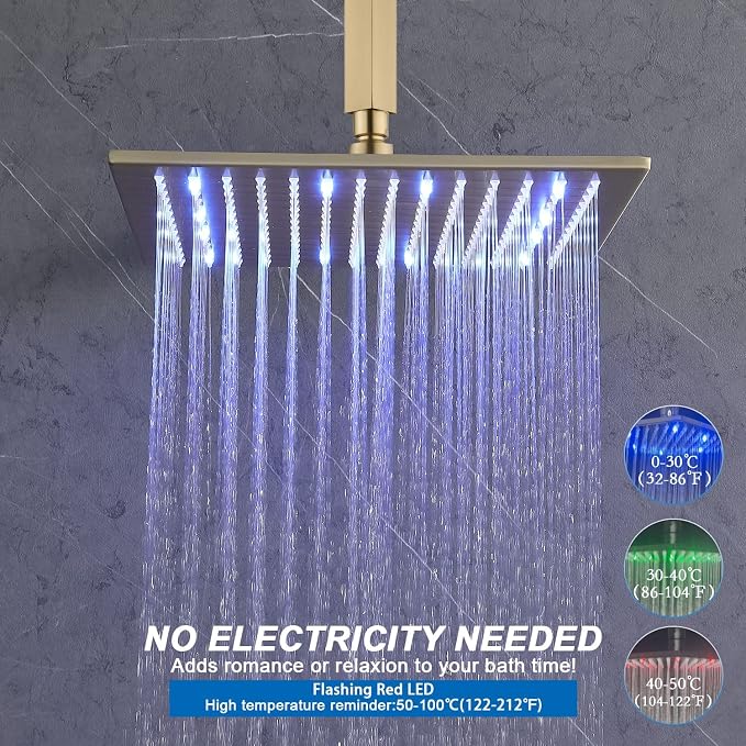 Enga Brushed Gold Shower Jets System, 16 Inch LED Rainfall Shower Faucet Set - Image 9