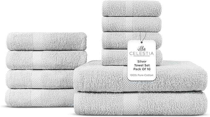 100% Cotton Bath Towel Set of 10-2 Bath Towels, 4 Hand Towels, 4 Wash Cloths by VillaCelestia
