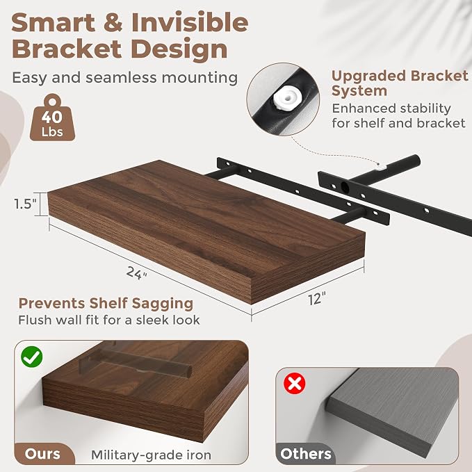 24 Inch Floating Shelves for Wall Set of 2, Easy Install Engineered Wood - Image 3