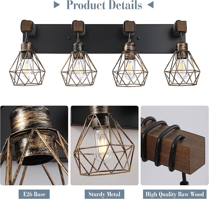 Black Gold Farmhouse Bathroom Light Fixtures, 4-Light Bathroom Lighting - Image 3
