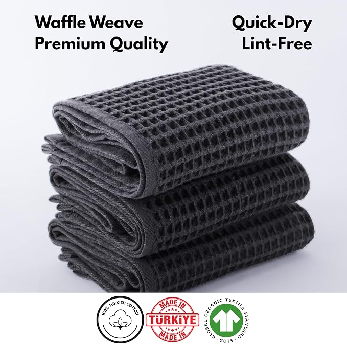 PÜSKÜL Organic Waffle Kitchen Towel 100% Turkish Cotton Set of 3 Dark Gray - Image 5