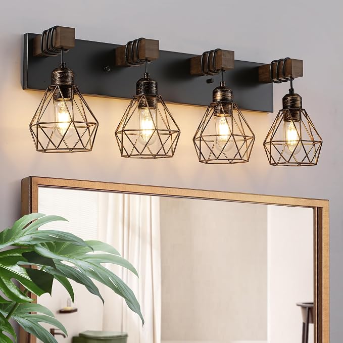 Black Gold Farmhouse Bathroom Light Fixtures, 4-Light Bathroom Lighting by LIGHTUPYOURLIFE