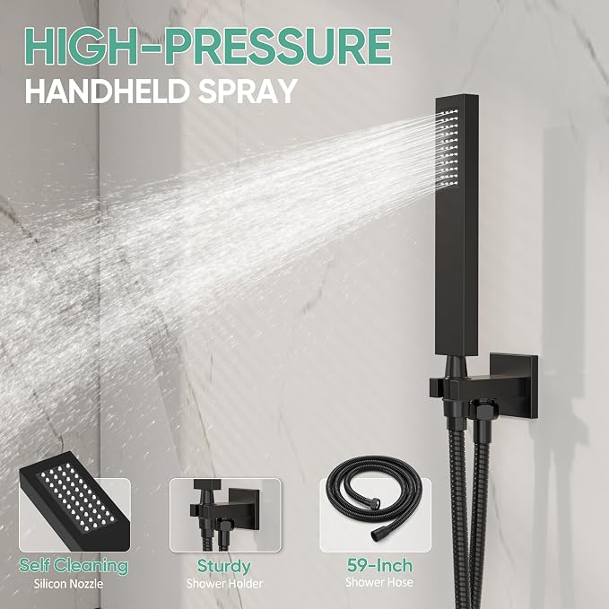 Black Shower System with Tub Spout, All Metal Tub Shower Faucet Set with 10" - Image 4