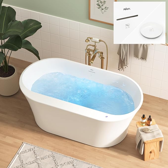 FerdY Mauritius 59 Inch Acrylic Freestanding Whirlpool Bathtub, Oval by FerdY