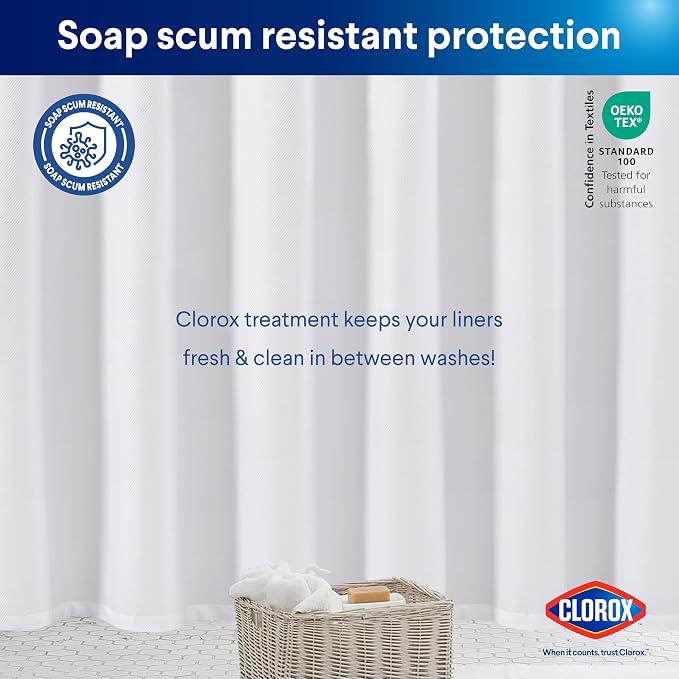 Clorox 2-in-1 Bathroom Shower Curtain Liner w Metal Hooks, Durable Fabric - Image 7