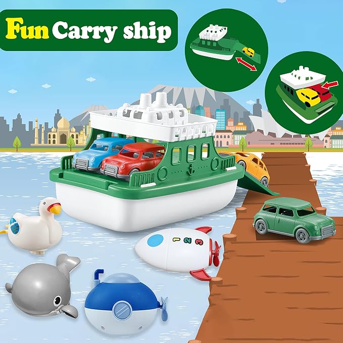 Ferry Boat with 4 Car and 4 Wind Up Bath Swimming Toys, Kids Bath Toy Floating - Image 2