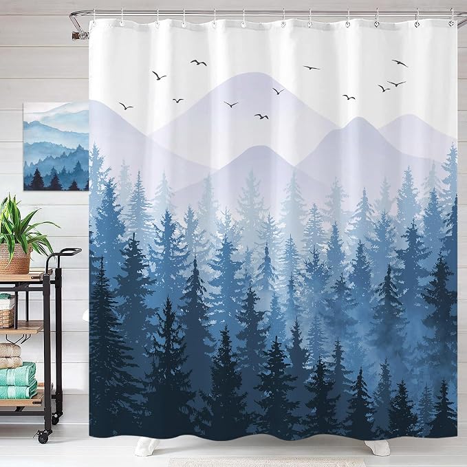 Aipon Blue Misty Forest Shower Curtain Ombre Nature Tree Plants Shower Curtains - Image 3