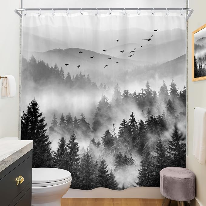 Riyidecor Black and White Shower Curtain 72Wx72H Inch Mountain Scenery Nature - Image 4