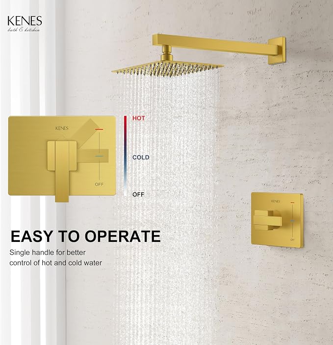KENES Brushed Gold Shower Faucet, Modern Square 10-Inch Shower Head and Handle - Image 4