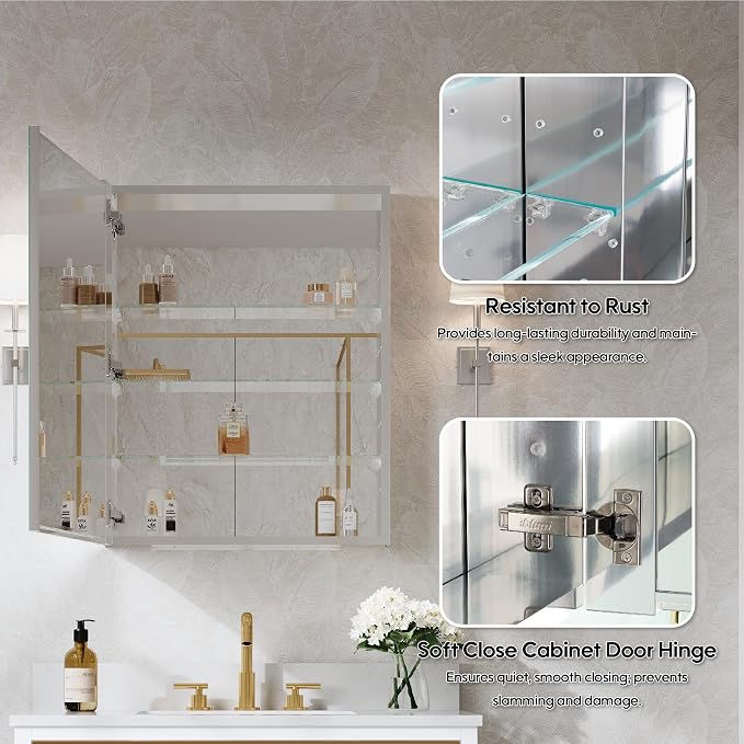 WELLFOR 24" x 30" Bathroom Medicine Cabinet, Anodized Chrome Aluminum Frame - Image 5